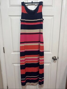 Jessica Howard Striped Sleeveless Maxi Dress in Navy, Pink & Coral Size Large